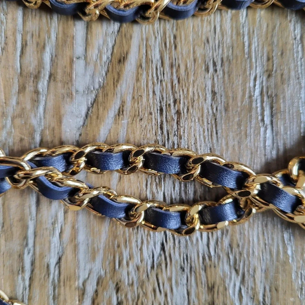 Chanel Deauville Chain Wallet navy blue Glittered Canvas Clutch with Chain